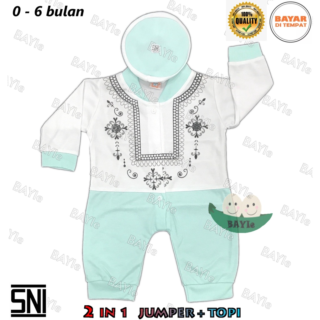 BAYIe - Baju Koko/Muslim+Kopiah/Peci Anak/Bayi Laki-Laki JUMPER/Hansop/Romper 1504 LITTLE SNI 0-6 bulan-BIRU