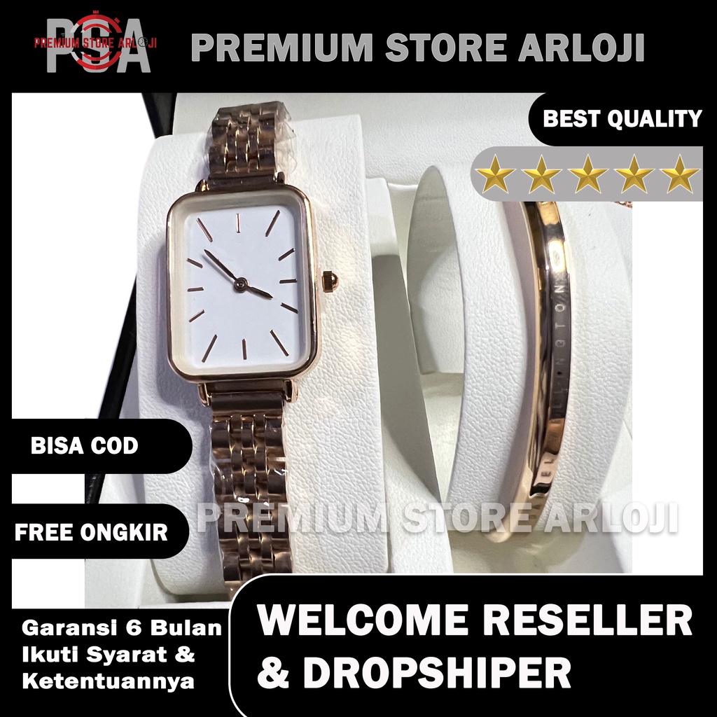 Grosiran Jam Tangan Wanita D28100PSA Tali Rantai Motif Case SEGI + Gelang  Free Box Ori, Paperbag &amp; Baterai (BISACOD)