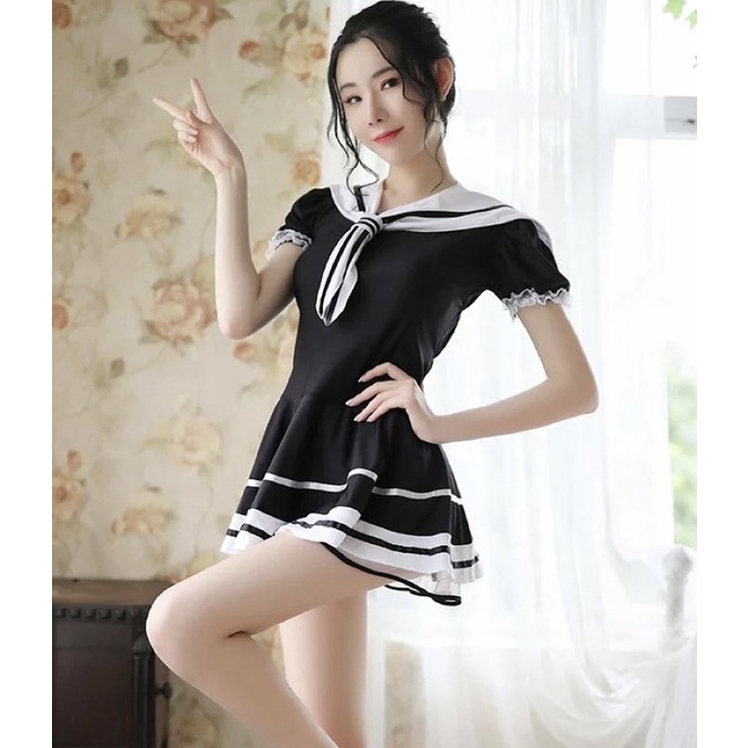Emilia Sailor Black n White Babydoll Kostum Seragam Sekolah Pelajar Jepang Seksi Set Mini Dress Kawa