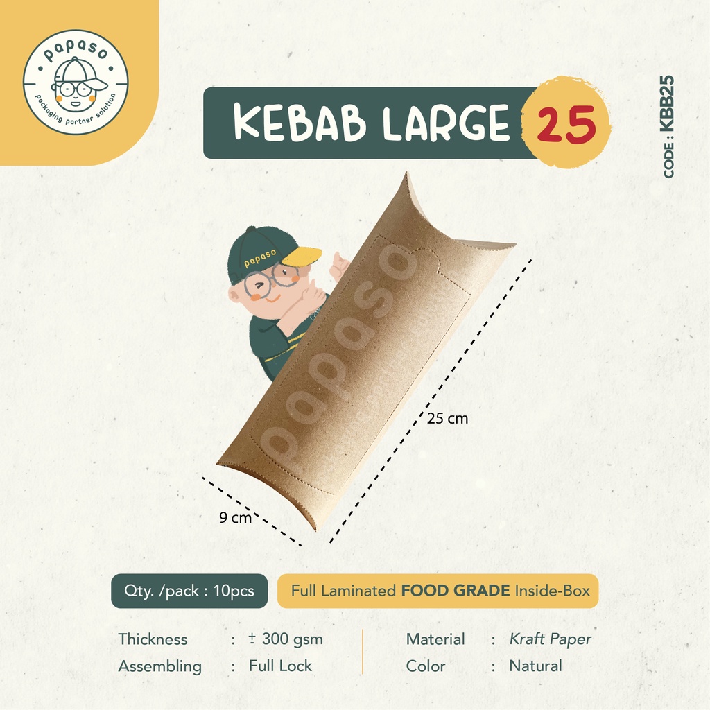 

Kebab Box / Kotak Kebab (KBB25) Kraft Full Laminating 1 Sisi (Min. Order 1pack/10pcs)