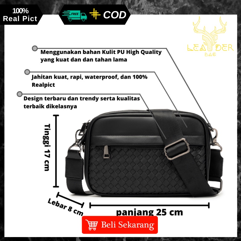 Tas Selempang Kulit Pria Original Terbaru 2022 Waterproof Warna Hitam Atau Tas Kulit Cowok Import Slingbag Distro Ori Keren Berkualitas TONIE B59