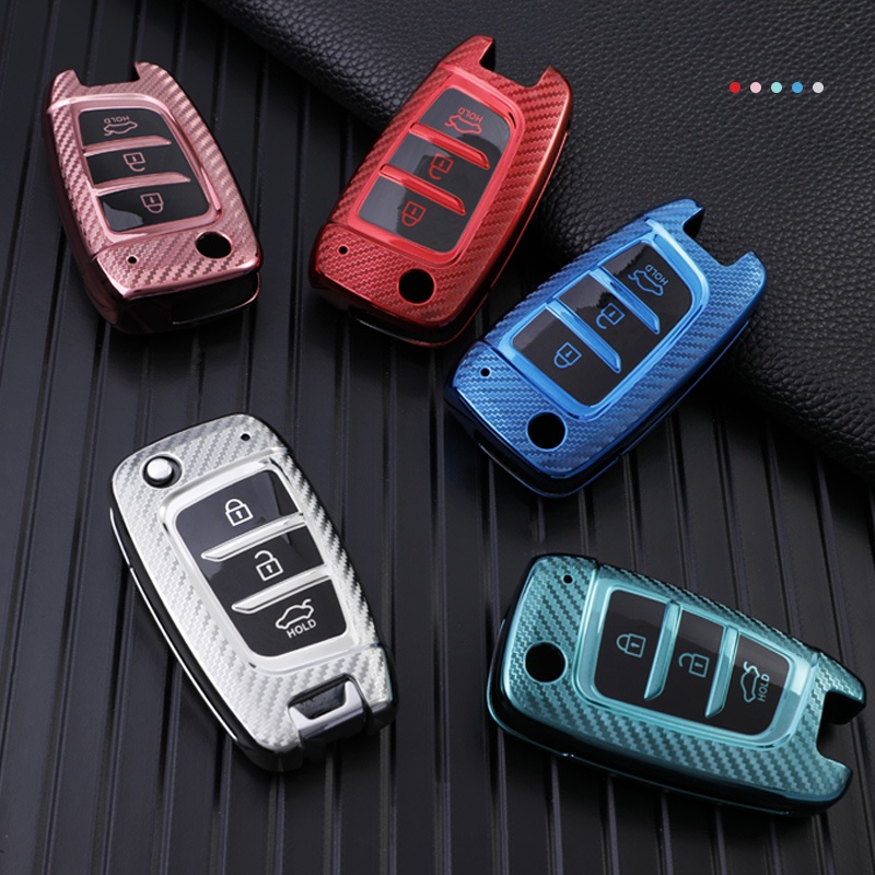 Casing Kunci Mobil Model Flip Bahan Carbon Fiber TPU Untuk Hyundai Elantra Solaris Tucson i30 i35 i40 KONA Genesis Santa Fe Azera