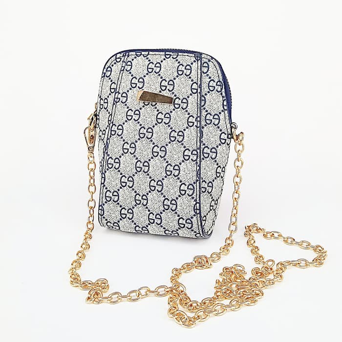 tas pesta /tas tali rantai emas monogram GC biru / clutch bag