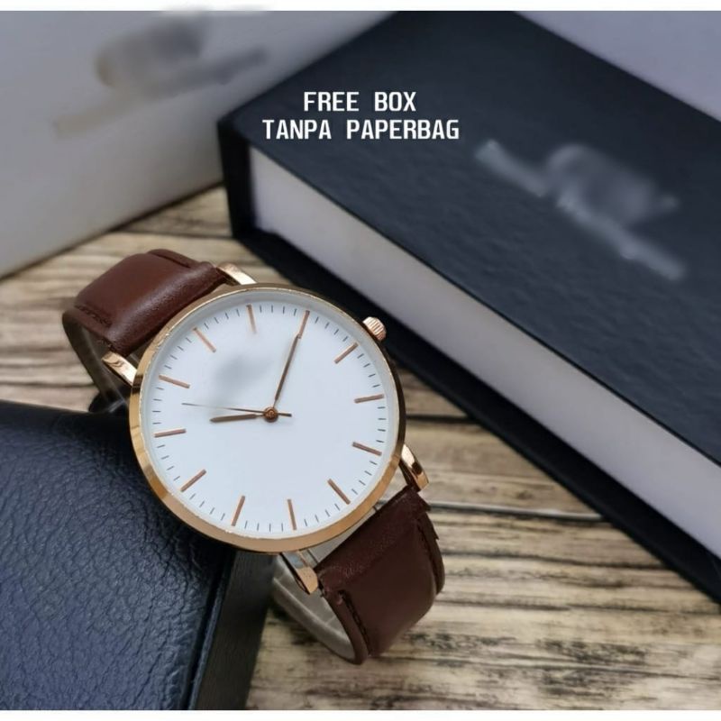 JAM TANGAN PRIA WD KULIT PREMIUM KUALITI FREE BOX DAN PAPERBAGS DIAMETER 4.2CM||JAMTANGAN FASHION PRIA-NEW C,TUA ROSE PUTIH