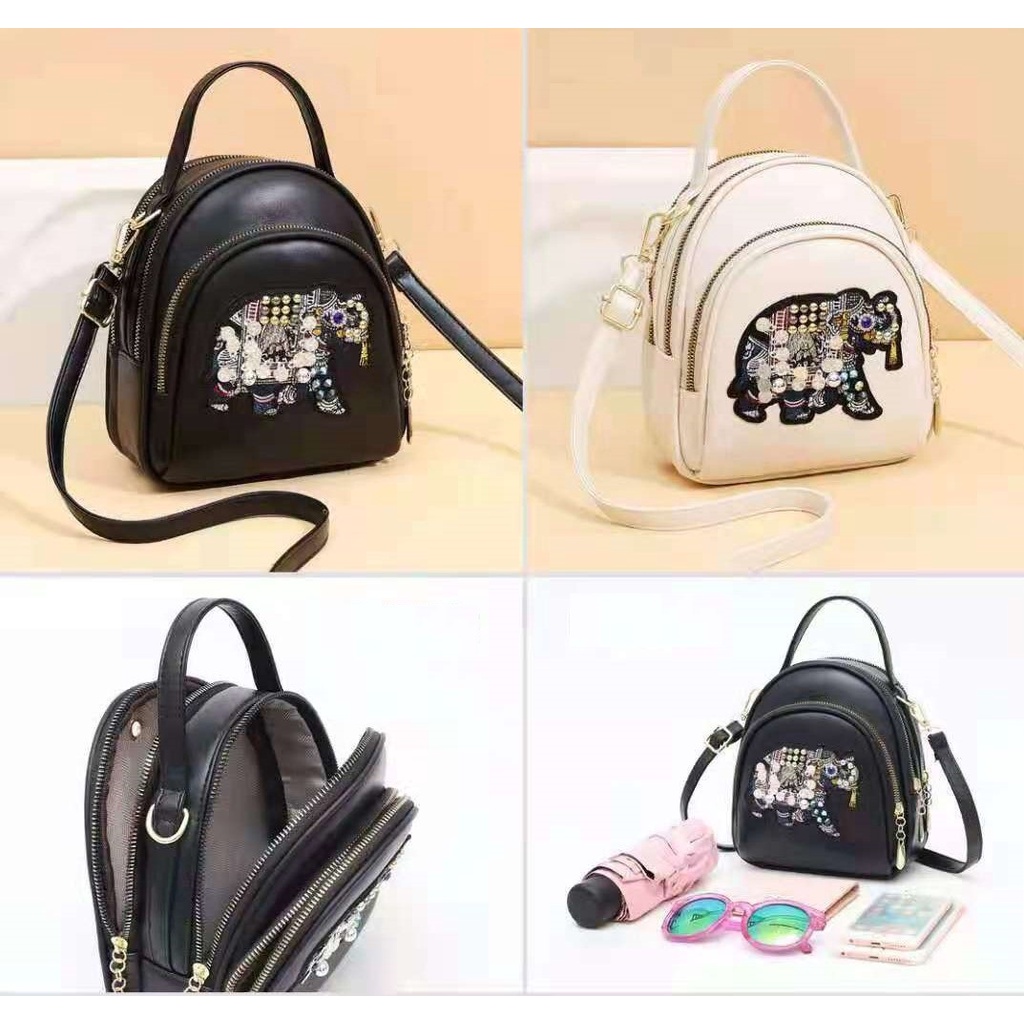 BJ61850 - BEIGE/BLACK - TAS SLEMPANG EMBOSS ELEPHANT IMPORT TAS WANITA FASHION IMPORT MODIS ELEGAN TERMURAH TERLARIS TERBARU BAGSTORE JAKARTA TAS BATAM ZCJ1850