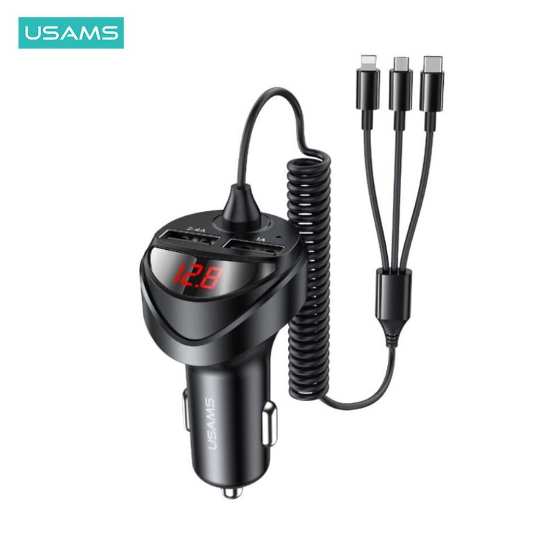 USAMS C22 Car Charger 3.4A Dual USB with 3IN1 Spring Cable