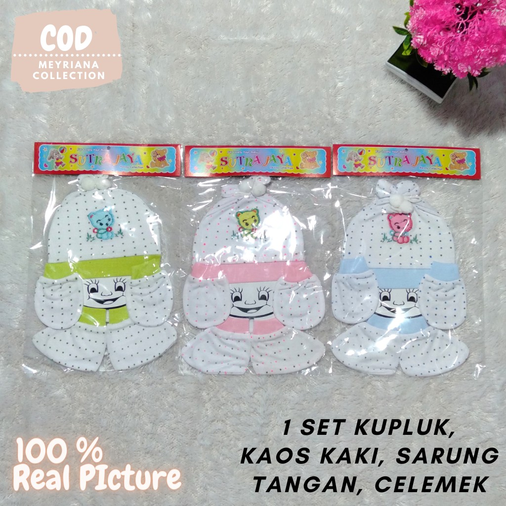 1 Set Kupluk Bayi Sarung Tangan Kaos Kaki &amp; Celemek Bayi Kumplit Meyriana Collection