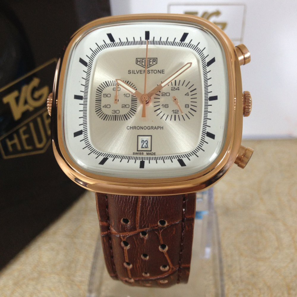 Jam Tangan Pria Teg heuert Silverstone calibre 11 brown rosegold plat white Premium H