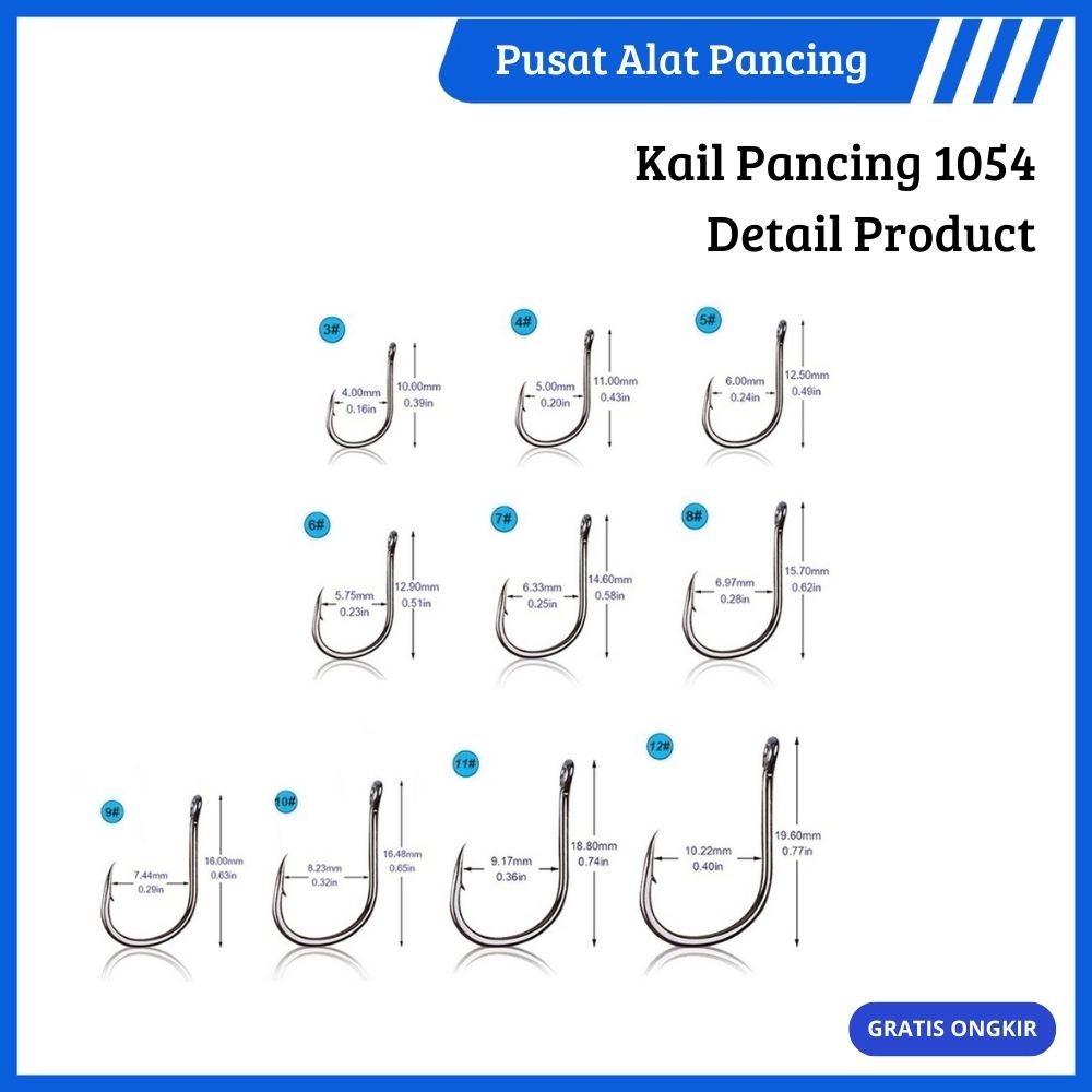 Paket Kail Pacing 1054 Fishing Hook Ten Division No 3-12 Set Mata Kail Pancing Bahan Baja Karbon Dan Stainless Steel