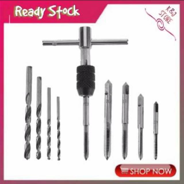 Set 9pcs Hand Tap Alat Pembuat Ulir Drat + Mata Bor Tapping Drill