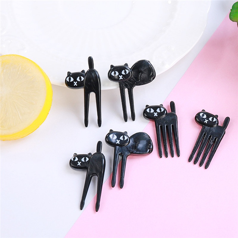 TK 6pcs/pack Cute Animal Fruit Fork Kids Snack Dessert Cartoon Forks Toothpick Lunch Decoration Black Cat Pattern