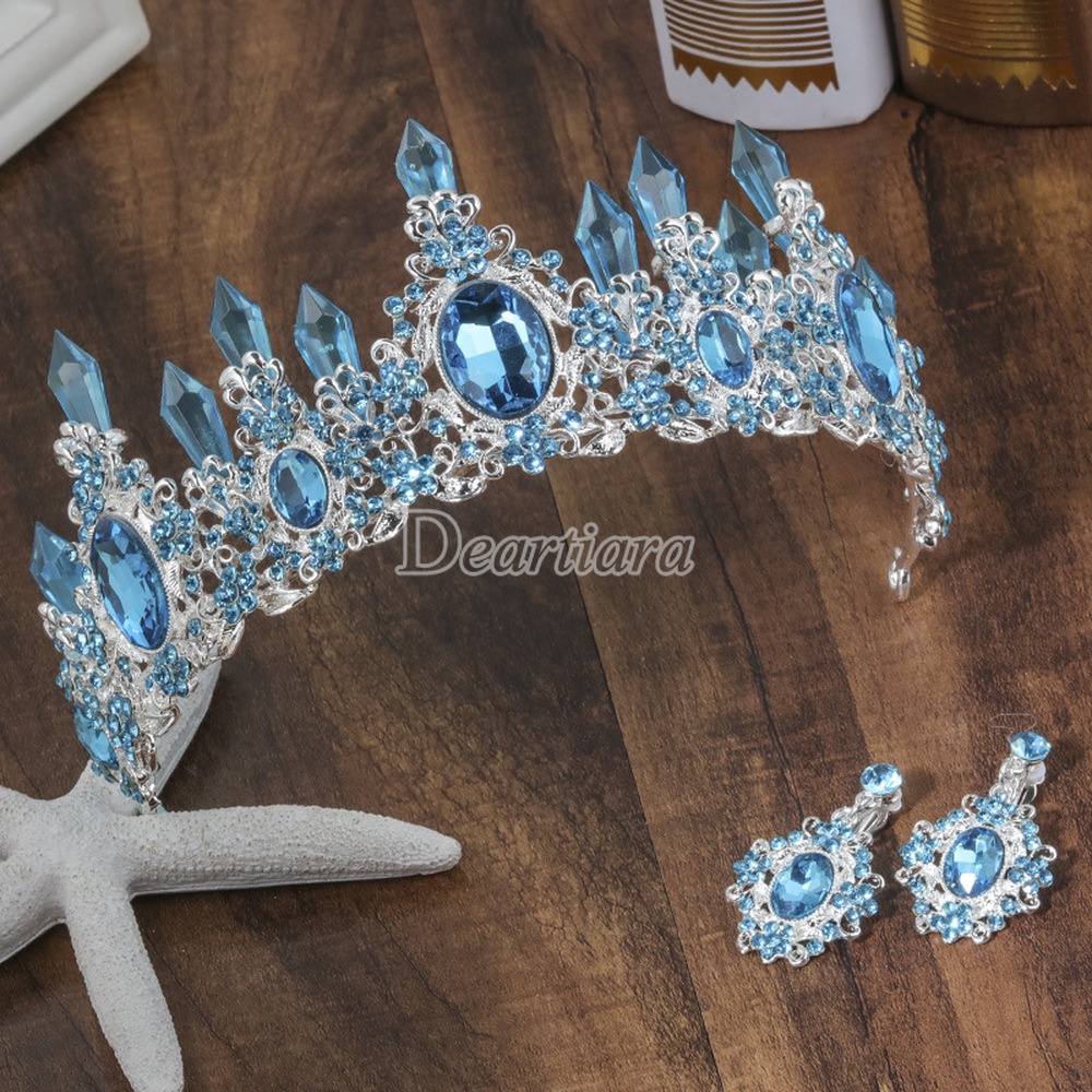 Set Mahkota Tiara + Anting Tusuk Gantung Hias Kristal Aksesoris Rambut Pengantin Wanita