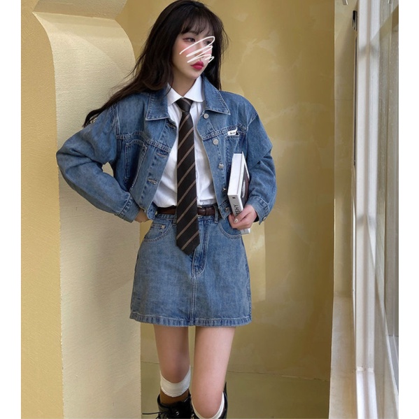 Jaket Denim &amp; Rok Denim Korean Style Fashion Jaket Rok Denim Wanita Koboi Cool Casual