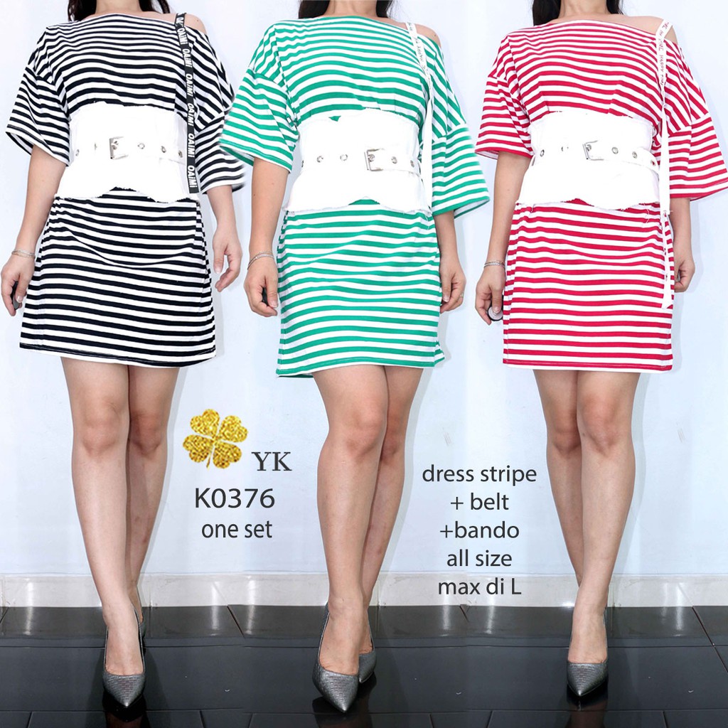 YKdress 0376 oneset dress garis +obi+bando bahan kaos