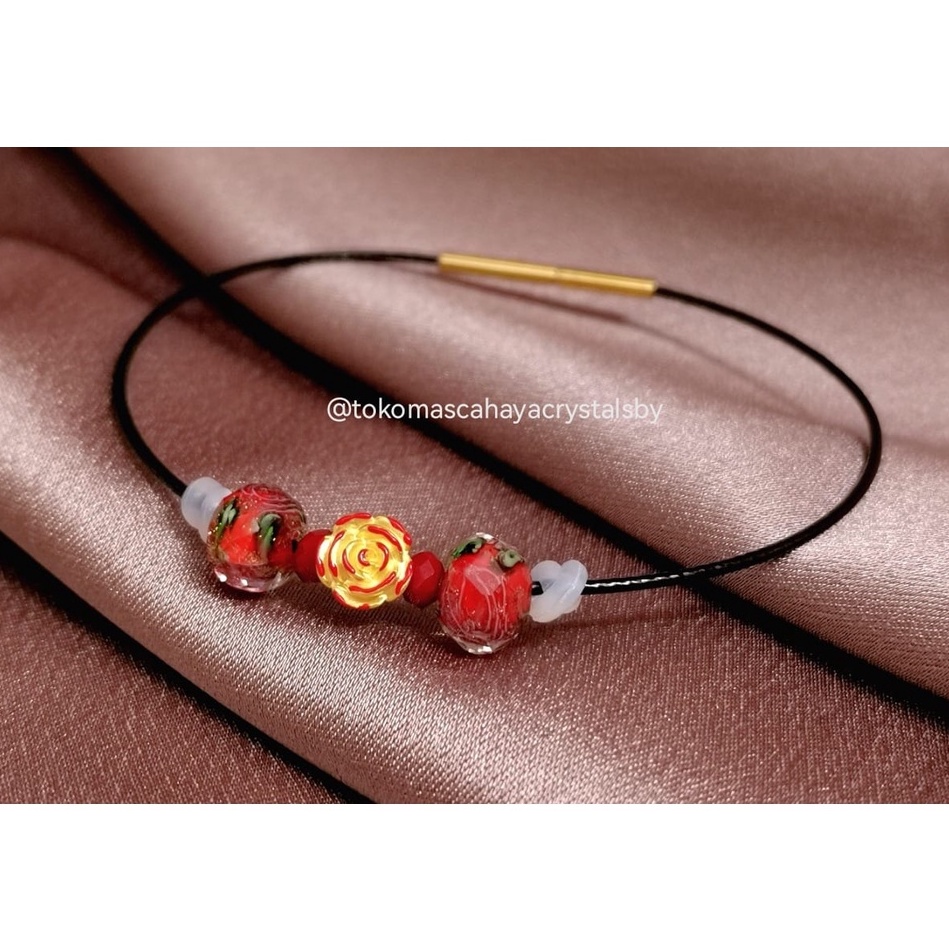 Gelang Charm Mawar Merah Emas kadar 24k HK Hongkong 999.9% 9999 & Gelang Kawat 1mm