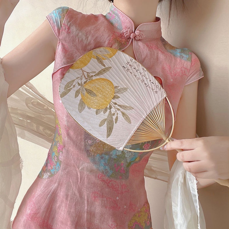 Improved new cheongsam classic Pink Sexy hollowed out summer improved cheongsam dress summer 2021