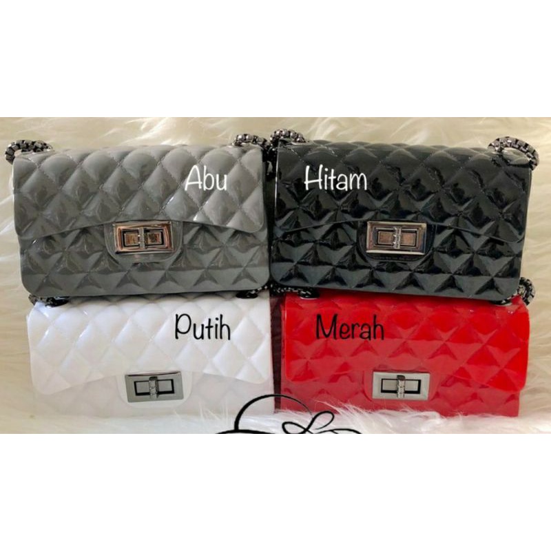 Tas Jelly Glossy Import Selempang Rantai Hitam Besar