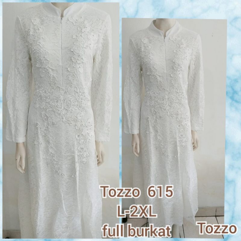 615.Gamis putih Tozzo import full brukat depan belakang model lurus/Gamis sergaman