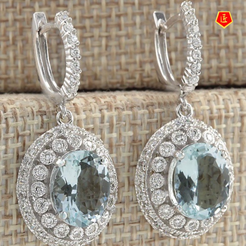 [Ready Stock]Luxury Inlaid Blue Topaz Earrings Micro-Inlaid Full Diamond