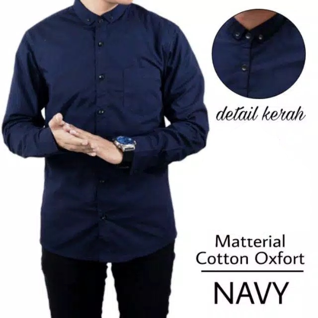 Terhitz &amp; Terwuwu Kemeja Polos Pria Slimfit Panjang, kemeja panjang pria cowok gantlemen cowok biru navy dongker polos formal kantor