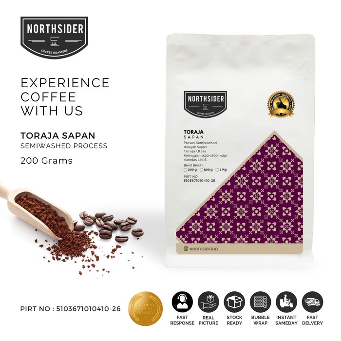 

kopi-biji- biji kopi arabika toraja sapan dry hulled - 200gr northsider coffee - biji kopi -biji-