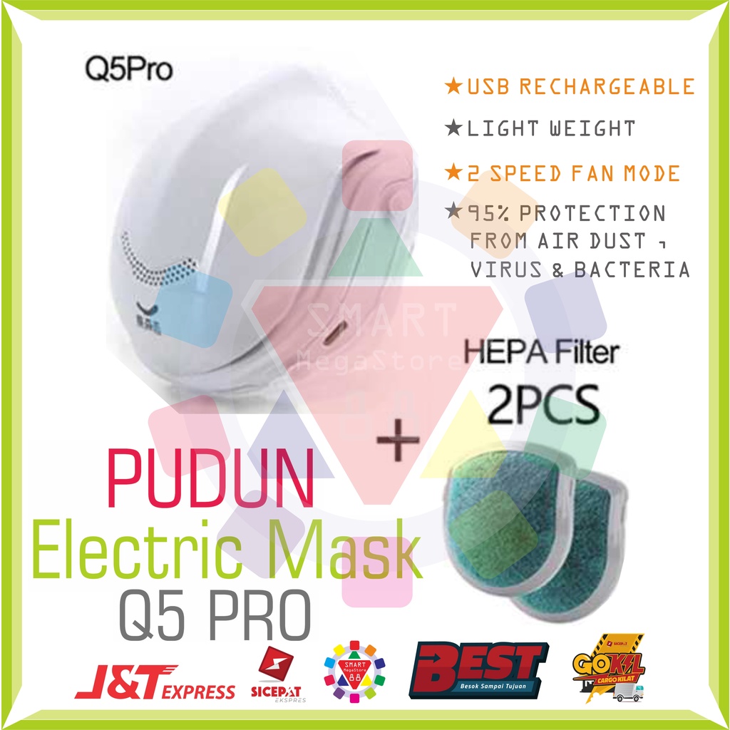 Masker Elektrik Putih Q5Pro HEPA Filter Perlindungan 95% With 2 SPEED FAN Control Masker Sekolah Kan