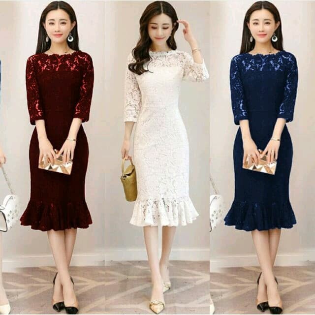 MINI MIDI DRESS FORMAL BRUKAT WANITA MAROON/ PUTIH/ NAVY ELIA MAURIN(Q1Y3) Pakaian Wanita/Dress/Midi