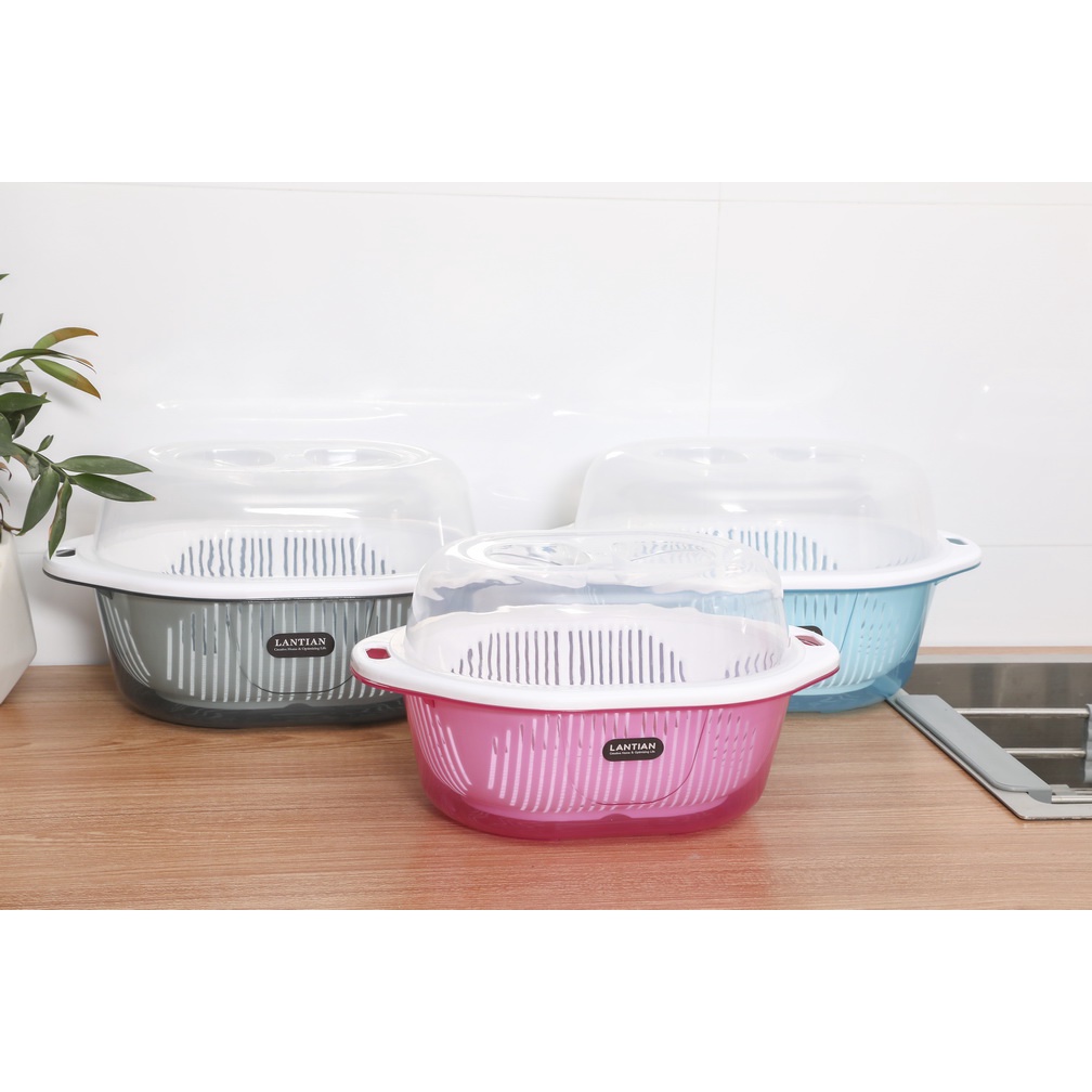 Baskom Lubang Saringan Pencuci buah dan sayuran oval dengan tutup