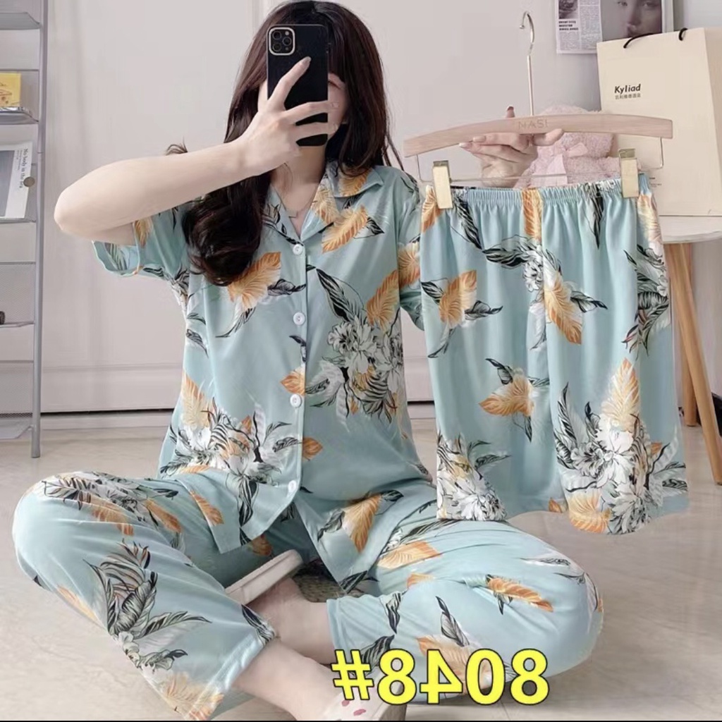 Piyama Baju Tidur Wanita Leisure Wear Import Fashion Kerah Kancing Lengan Pendek-7002 3in1
