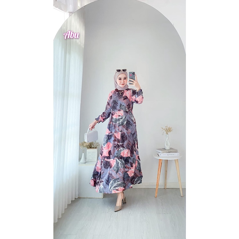 Gamis Rayon Viscose Motif Daun Bahan Adem Dingin / Coza Batik