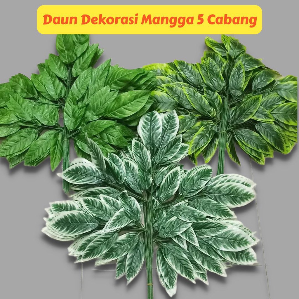 Daun Dekorasi Backdrop Wedding Pelaminan/Daun Mangga Plastik Dekorasi Cabang 5 (1 lusin)/Daun Dekora