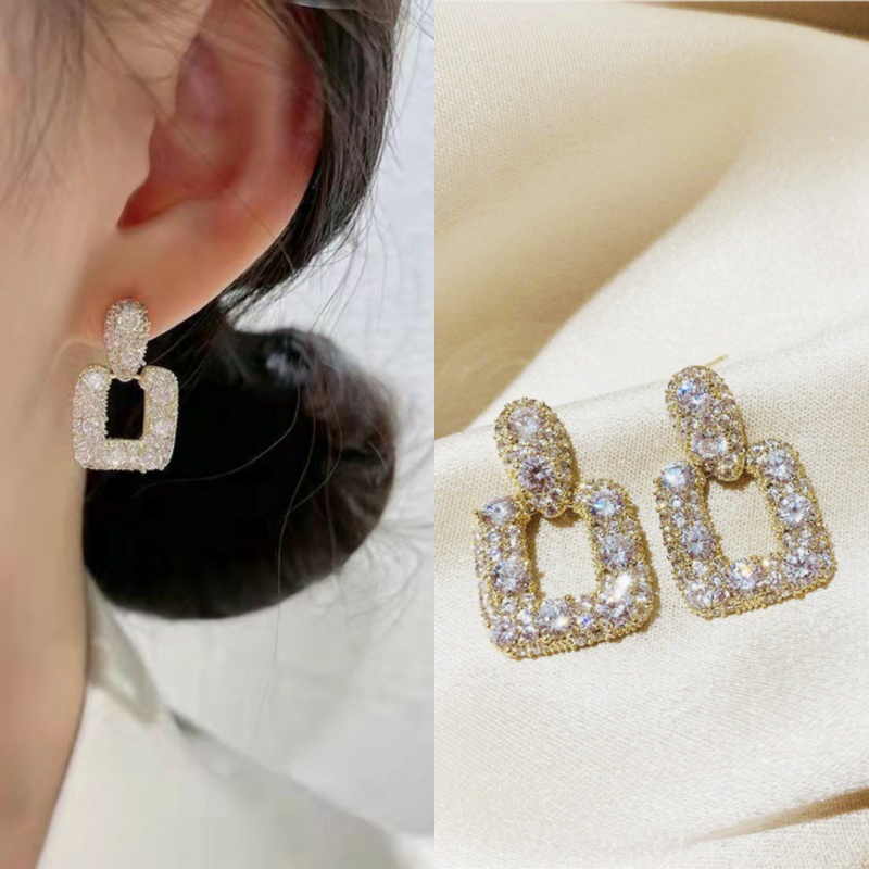 Anting Tusuk Gantung Desain Geometri Hias Berlian Gaya Jepang / Korea / Perancis / Simple / Elegan Untuk Wanita