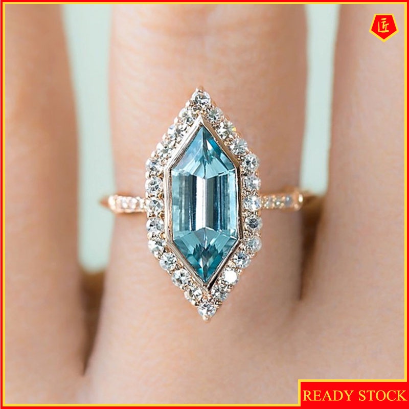 [Ready Stock]Inlaid Special-Shaped Sea Blue Topaz Ring 18K Gold