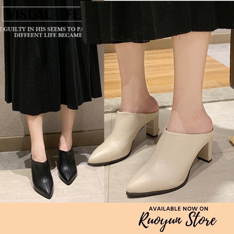 RYS - Cover Mules Sepatu Hak Kulit Fashion Chic Casual - Ori Import