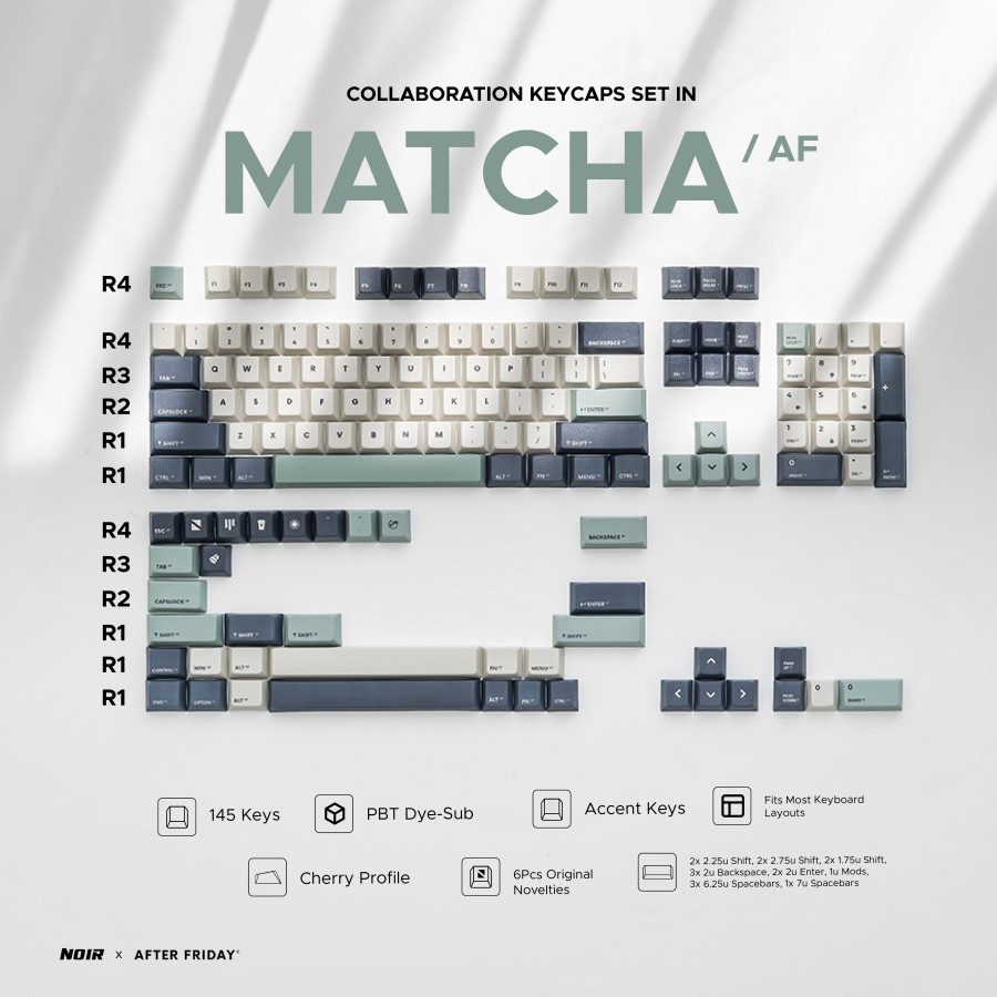 Noir x After Friday Matcha PBT Dye-sub Keycaps 145 Set Cherry Profile