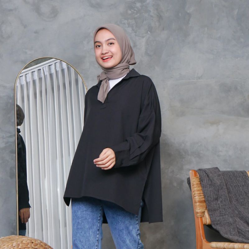 IE.DEMODE Maudy Blouse Wanita Oversize Polos Lengan Panjang Shakila Daily Kerja Kantor Hitam