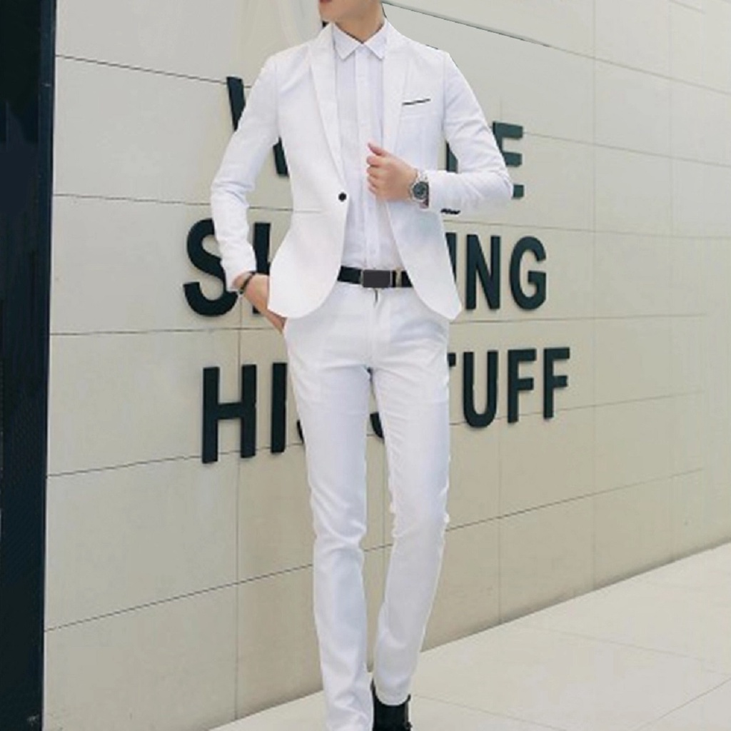 SETELAN BLAZER PUTIH SLIMFIT PRIA 3IN1 - MILKY WHITE KOREAN ORIGINAL NIKAYU BAHAN HIGH TWIST