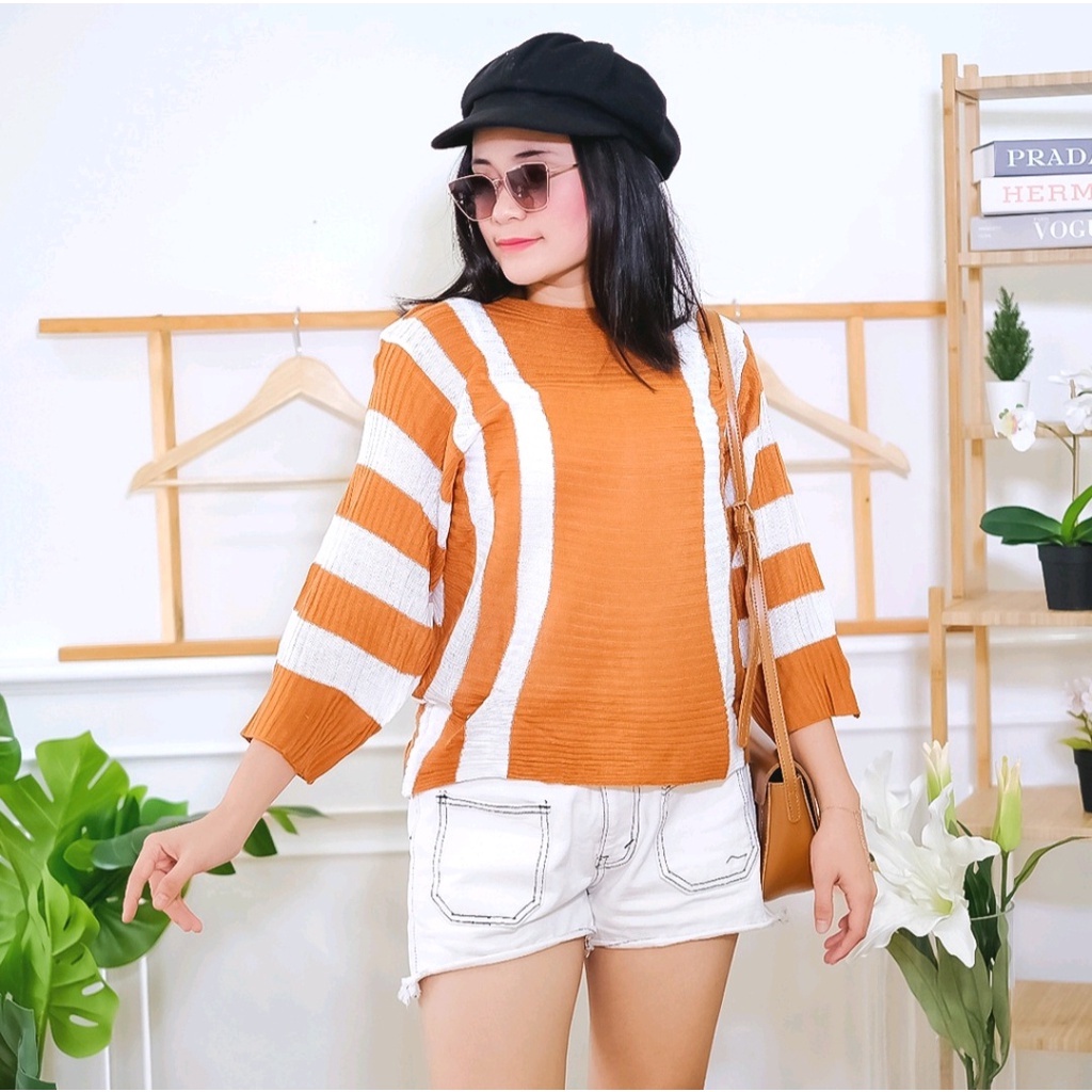 VK__ storeRAJUT BATWING ZEBRA STRIPE SALUR KOMBINASI POLET SWEATER BLOUSE ATASAN WANITA OVERSIZE JUM