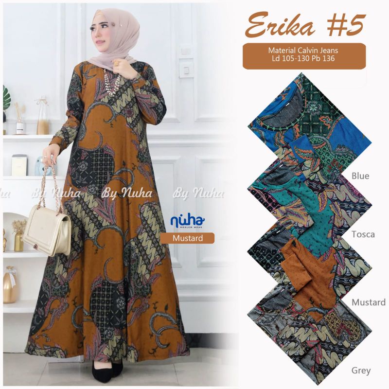 Etika#5 Original Nuha Hijab Gamis Motif batik Calvin Jeans dress Jumbo dress