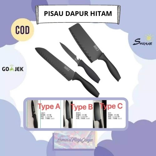 PISAU DAPUR HITAM 3 SET / Pisau Dapur Set Black on Black Pisau Set Hitam / Set Pisau Dapur Stainless