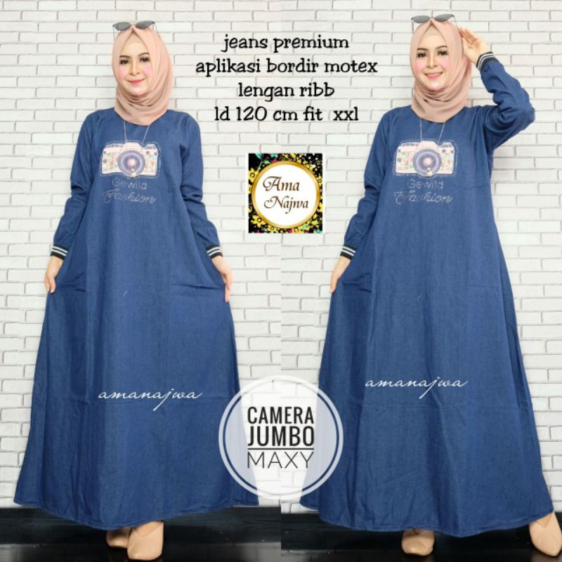 Gamis Jeans Wanita Import Original Ama Najwa LD 120 Fit XXL Bahan Jeans Premium Aplikasi Bordir Mote