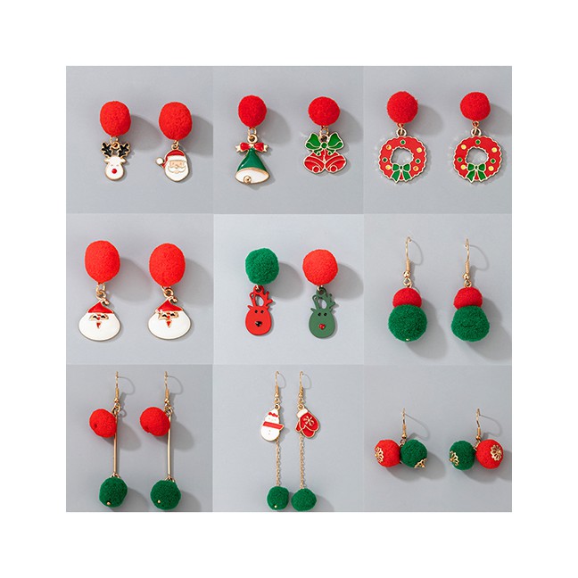 LRC Anting Gantung Natal Fashion Long Hair Ball Christmas Elk Bell Hair Ball Asymmetrical P75597