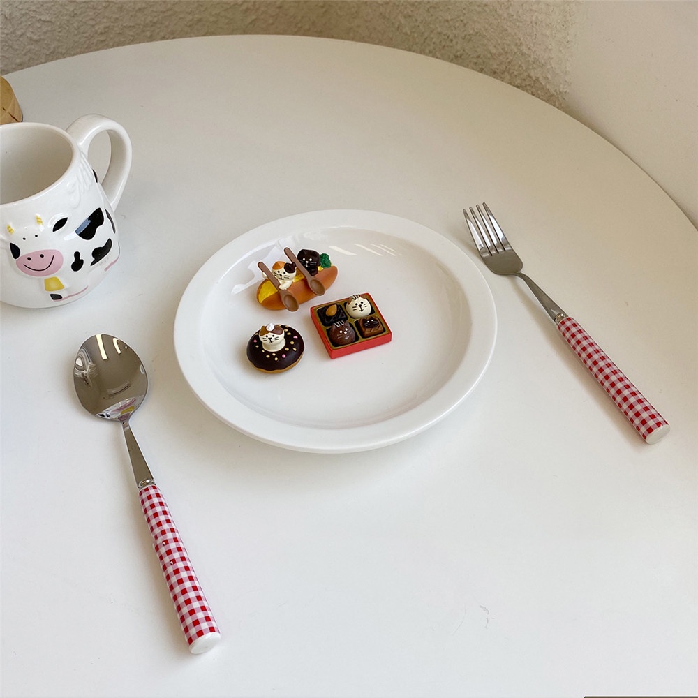 【COD Tangding】Korean INS French Blue and Red Checked Ceramic Handle Tableware Dessert Fork Steak Fork Spoon