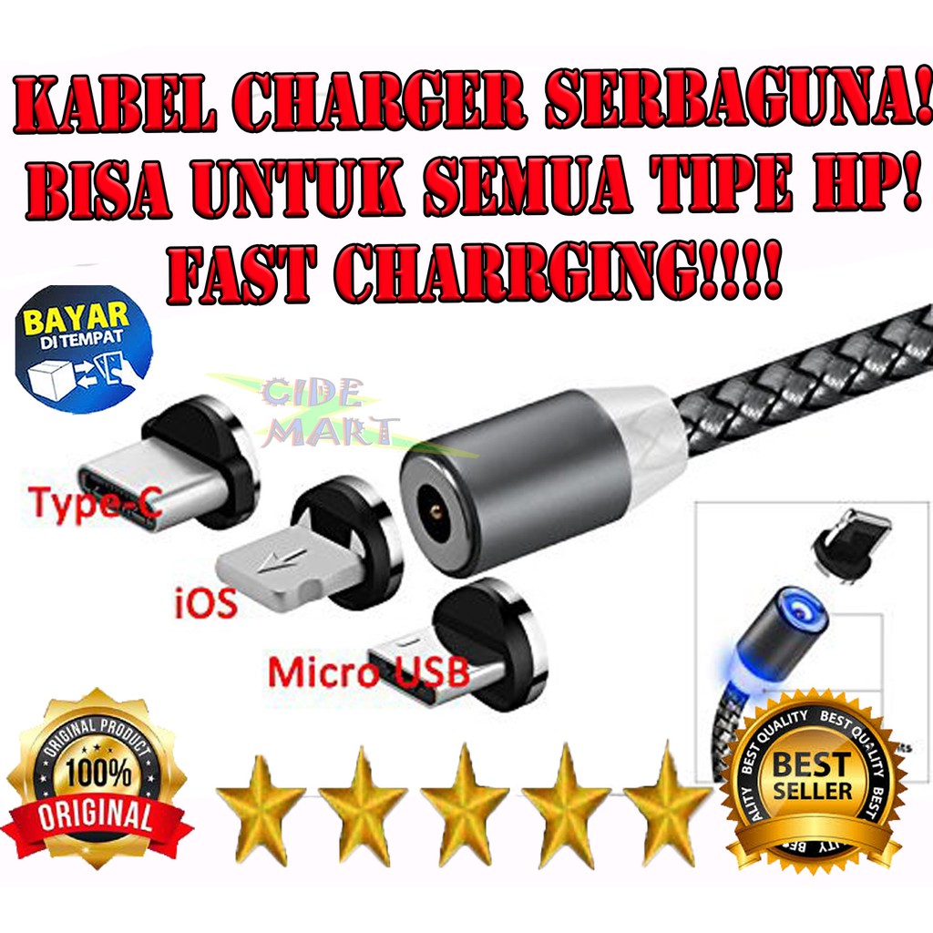 [BISA COD] KABEL MAGNET 3 IN 1 / KABEL CAS MAGNET FAST CHARGING 2.4A WITH LED / KABEL CHARGER HP