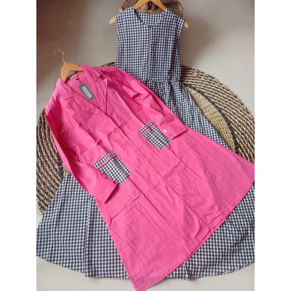 Terbaru set inner outer Set dress kutung+blazer simple Hijab modis ootd elegant