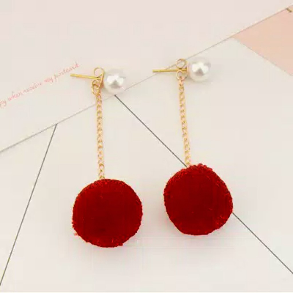 Anting Tusuk Wanita Kekinian Korea Style Model  RantaiI  Mix Bola Pompom MISS  101