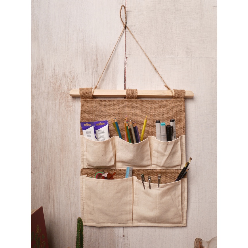 Pajangan Dinding Aesthetic Wall Pocket Goni Canvas 5 Saku Dekorasi Dinding Storage Bag Organizer Pouch Gantung Rustic Style Hanger