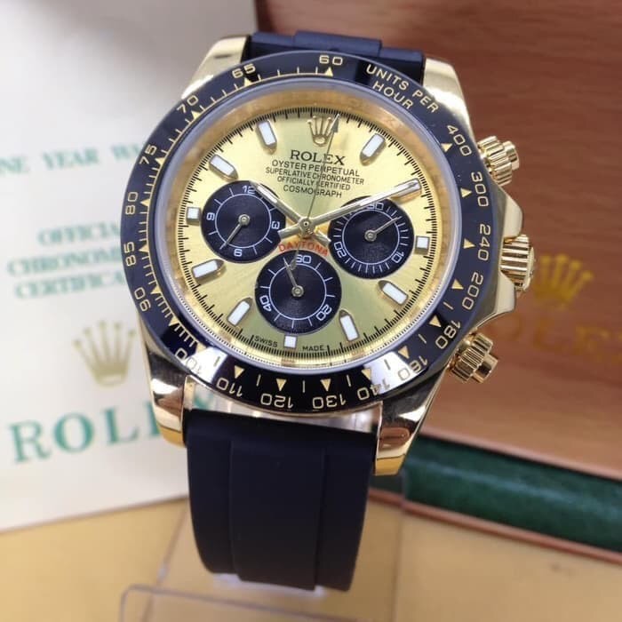 COD .. New Arrival Jam Rolex Daytona Gold Rubber Rose Phosphor Kaca Anti Gores Stainless