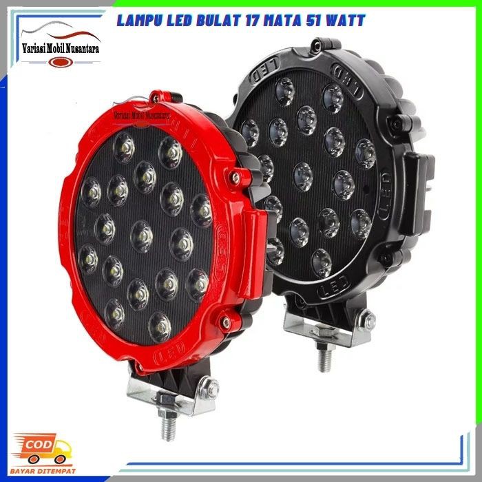 Lampu Led Tembak Sorot Depan Bulat Kabut Variasi Mobil Jeep Touring Offroad 17 Mata 51 Watt