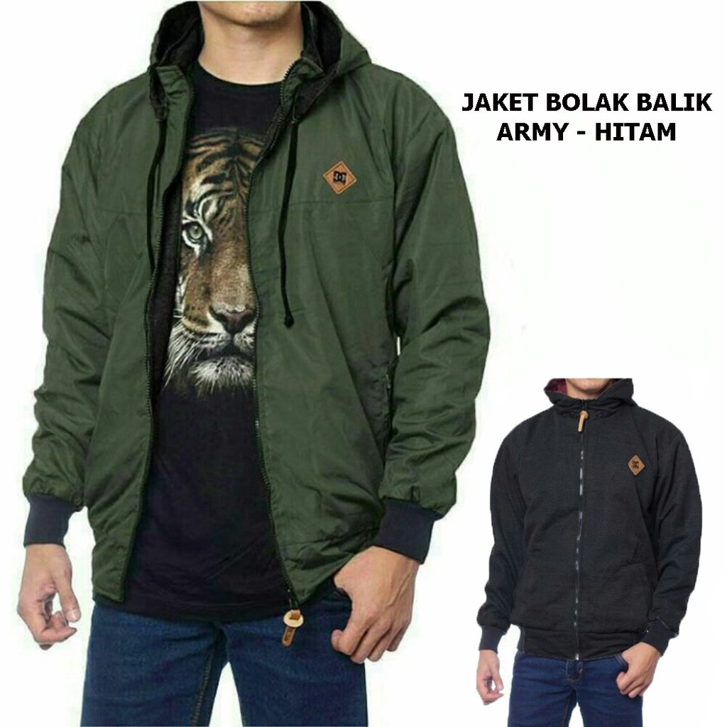 JAKET BOLAK BALIK 2IN1 JAKET MOTOR JAKET BB JAKET PARASUT JAKET PRIA WANITA JAKET DISTRO PRIA WANITA-DC ARMY - HITAM M/L